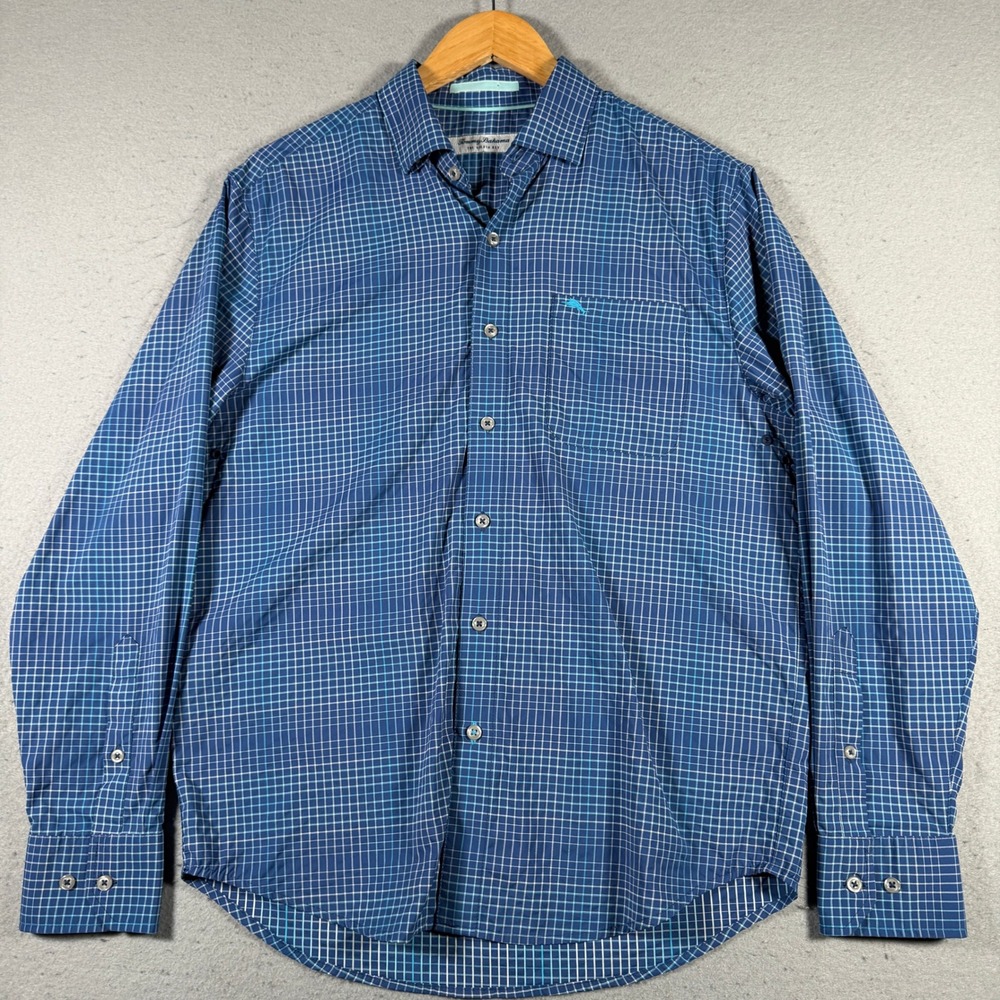 Tommy Bahama The Siesta Key Mens Small Blue Grid Performance Button Down Shirt
